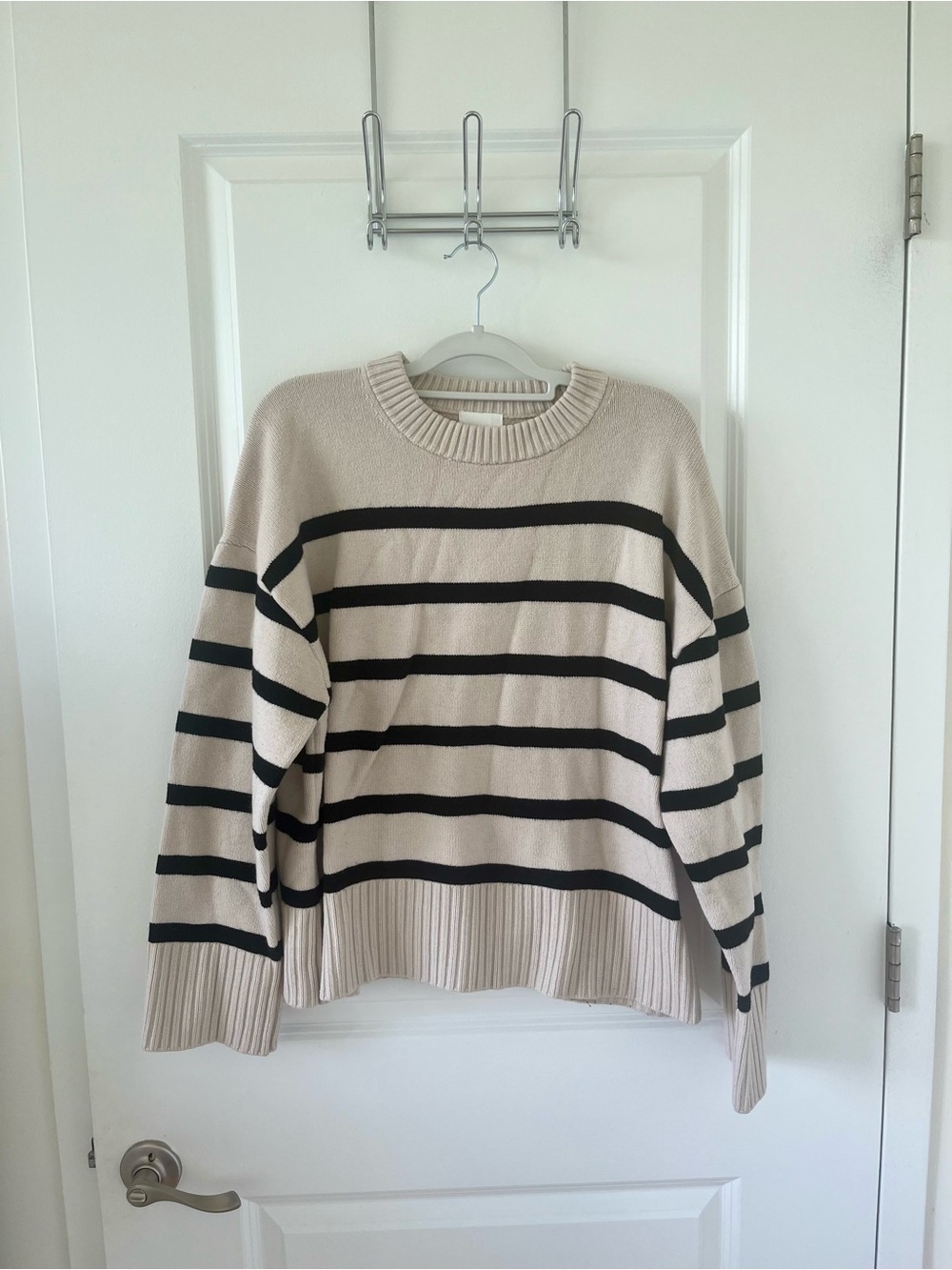 H&M Cream and Black Striped Crewneck Sweater